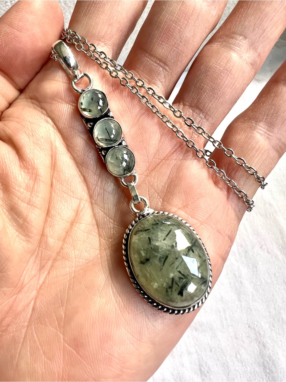 925 OOAK Moss Prehnite Long Cleavage Pendant Necklace